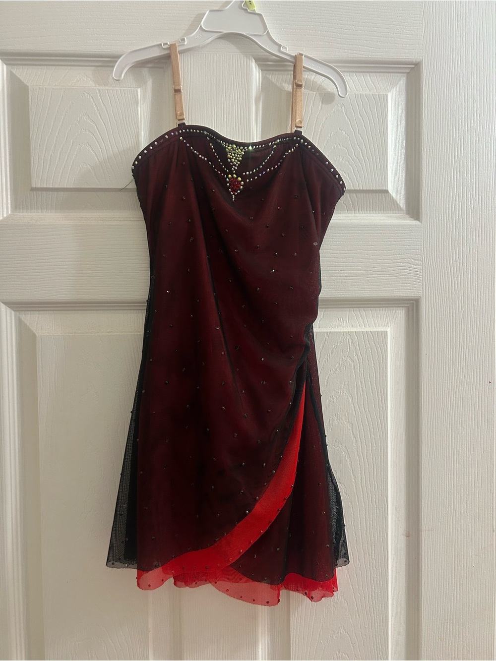 Body Wrappers Burgundy Dress with Red Underlayer and Crystal Accents